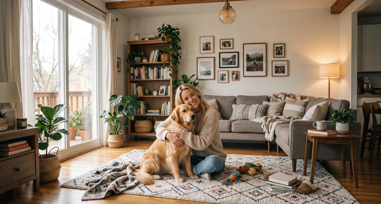 A woman hugging her golden retriever in a warm living room